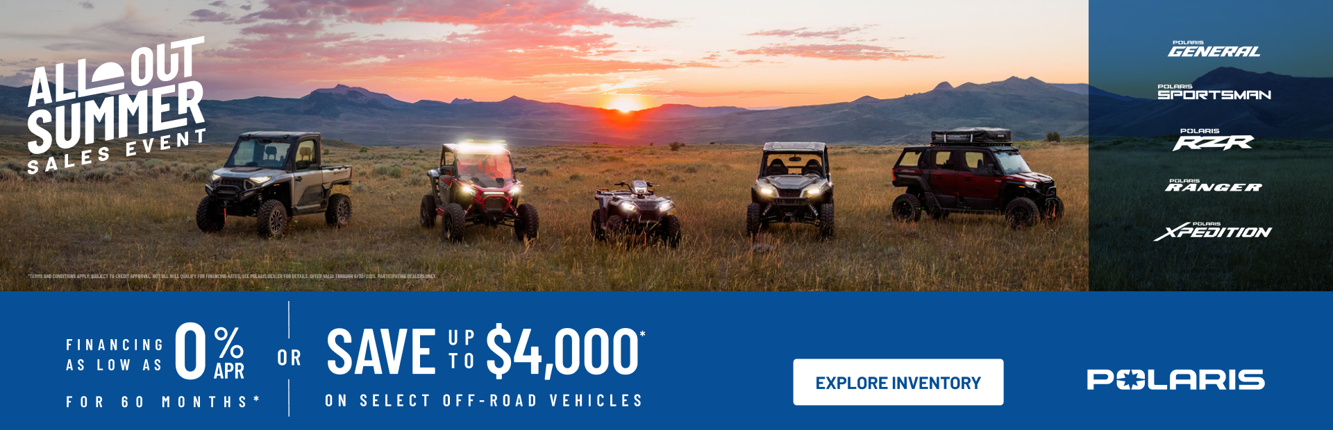 Polaris UTVs and ATVs on sale up to $4000 Off Select Off-Road Vehicles Financing as Low as 0% for 60 months.