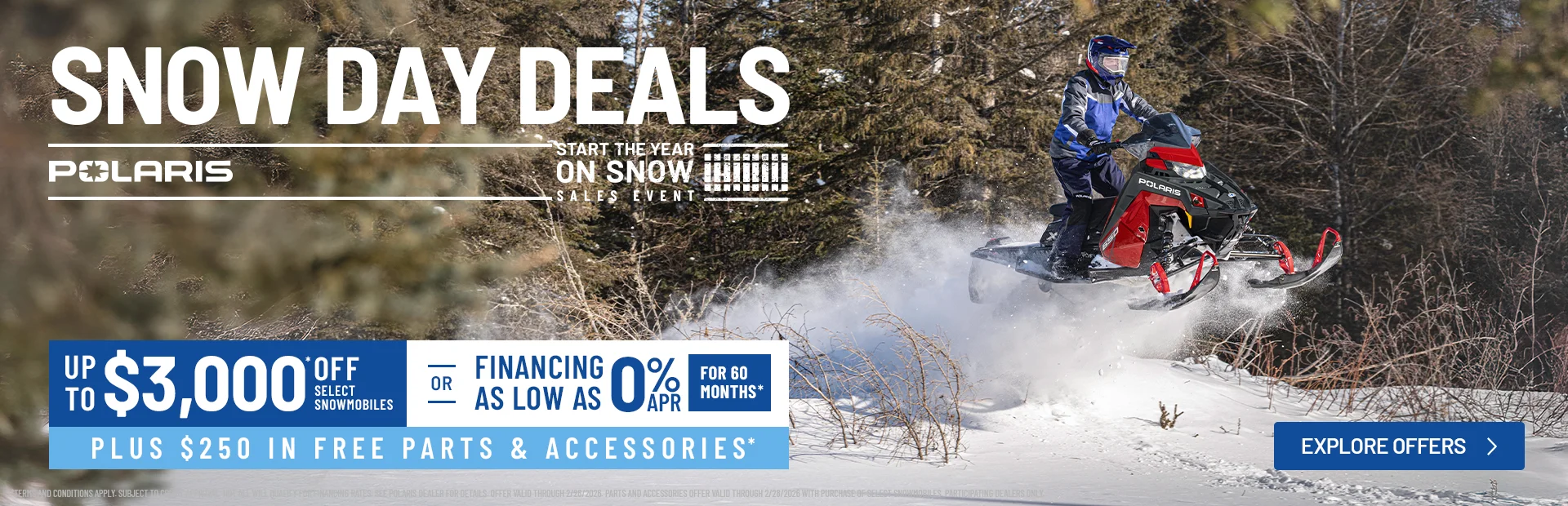Polaris Snowmobiles is offering financing as low as 0% for 60 months OR up to $3,000 off on select snowmobiles for New Years Sales Event - Start The Year On Snow.